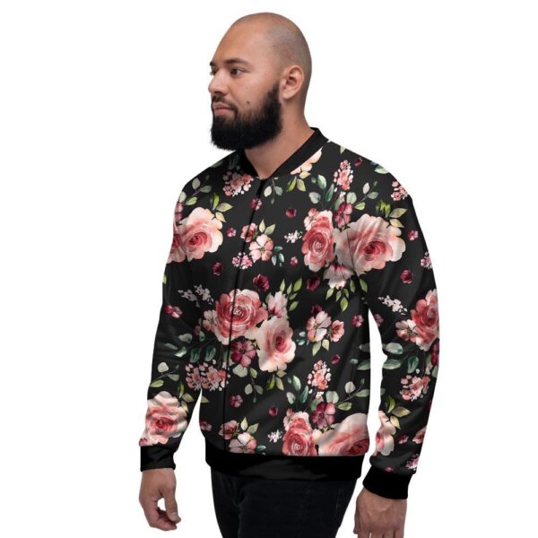 Black Pink Rose Flower Print Men’s Bomber Jacket