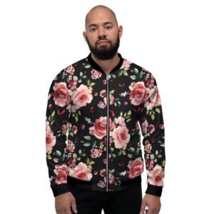 Black Pink Rose Flower Print Mens Bomber Jacket c1b13b40 e8a6 4926 ba7c 4abe1ee71da3